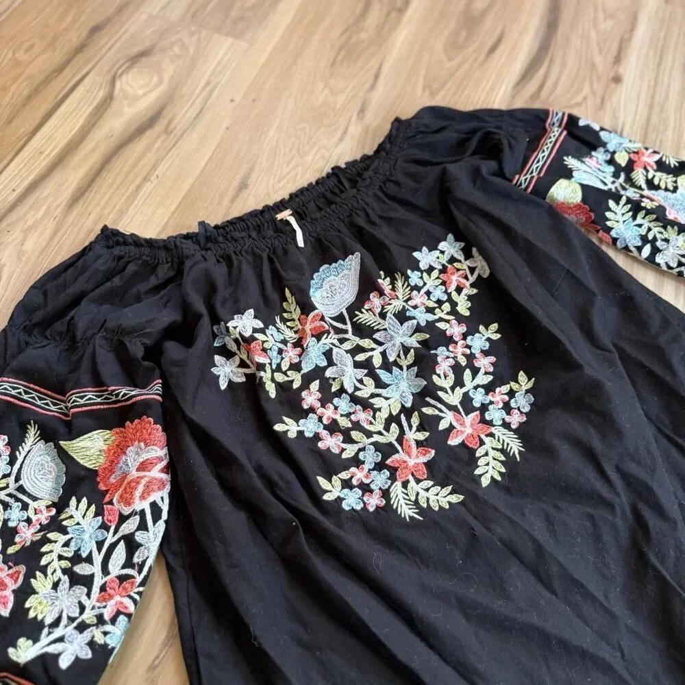Free People Womens Black Floral Embroidered Off Shoulder Mini Dress Size Medium